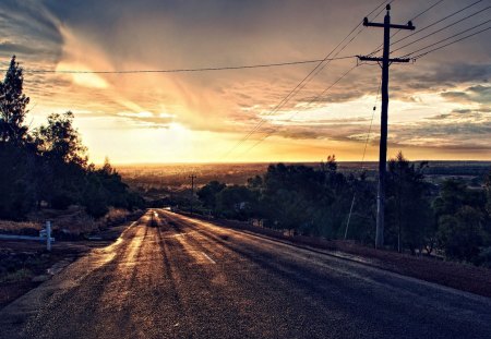 rural road down to a sunset - electric lines, sundown, road, clouds