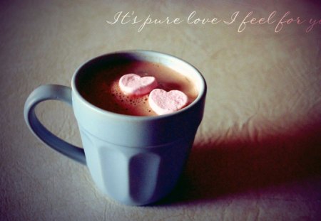 It's pure love - love, coffee, heart, cup, candy, hearts, pink, sweet, words