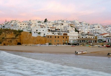 beautiful white greek seaside town - beach, boats, town, white houses, sea