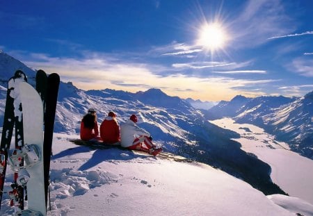 snowboarding in the alps on a sunny day - snowboarders, winter, mountains, sun