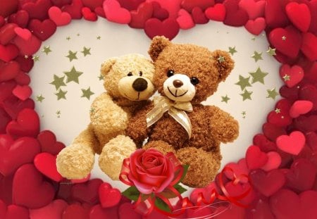 Happy Teddys - valentine day, heart, red, teddy, rose, love, bears