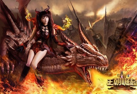 Dragon Rider - female, girl, horns, dragon, fire, flames, games, video games, perfect world