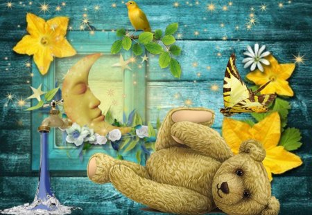 Dream - moon, yellow, teddy, flower, dream