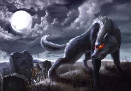 A Werewolf - moon, red eyes, clouds, grave, werewolf