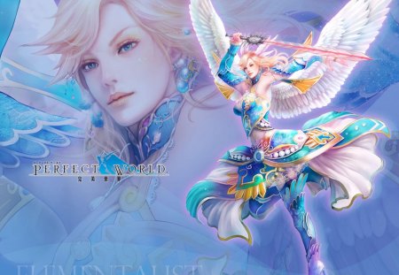 Elementalist - female, girl, sword, blonde hair, elementalist, blue background, wings, games, video games, blue eyes, perfect world