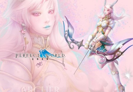 Archer - female, archer, girl, arrow, pink eyes, elf, pink background, head wings, weapon, games, bow, video games, pink hair, perfect world