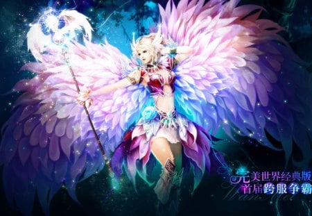 Perfect World - lone, girl, angel, female, wand, wings, armor, games, pretty, blonde hair, armour, short skirt, beautiful, video games, scepter