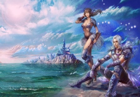 Perfect World - clouds, female, water, island, ocean, armour, male, duo, armor, games, video games, castle, sky, perfect world