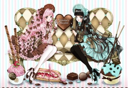 ~Valentine's Chocolate~ - sweets, girls, mint, colorful, lovely, desserts, strawberries, dresses, anime, chocolate