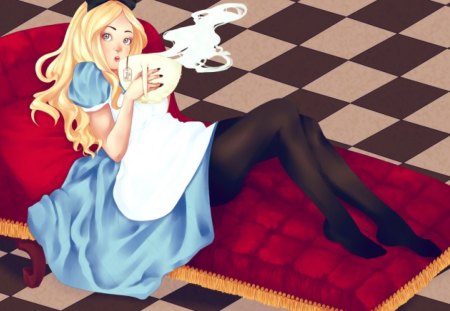 ~Drink Me~ - drink, black tights, tea, black and white tile, black bow, large tea cup, alice, wonderland, blue dress, anime, blonde