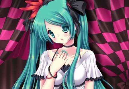 Hatsune Miku - anime, vocaloid, female, dress, checker, hatsune miku, green eyes, green hai, long hair, ribbon, gown, anime girl, twintails, hot, girl, miku, cute, sexy, vocaloids