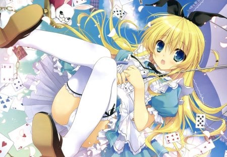 ~Alice Falling~ - falling, cute, blonde, alice, cards, umbrella, fantasy, wonderland, bunny