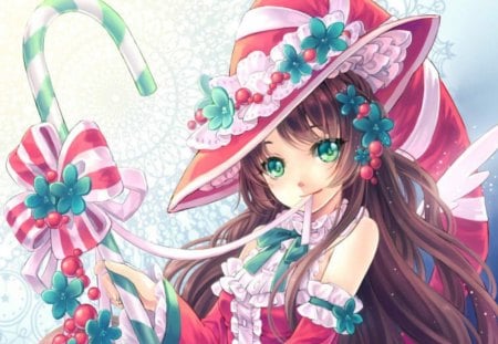 Candy Cane - nice, female, hot, hat, anime girl, brown hair, pretty, anime, ribbon, cute, maiden, sexy, girl, long hair, cane, lovely, green eyes, sweet