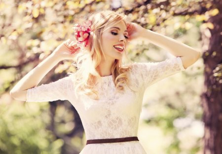 Spring Girl - moments, air, buds, girl, models, beauty, spring, love, flowers, bloom, nature, blondes, field, softness