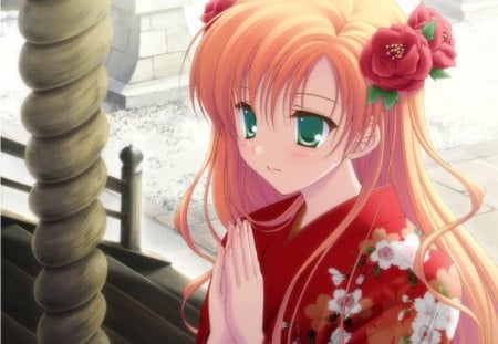 Make a Wish - nice, realistic, beauty, female, hot, anime girl, elegant, gorgeous, pretty, orange hair, anime, kimono, cute, maiden, lady, sexy, girl, long hair, bless, pray, cg, green eyes, kawaii, 3d, beautiful, shrine, yukata, sweet