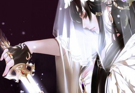 The Sword - pretty, anime, female, maiden, light, long hair, dark, weapon, sparks, nice, veil, anime girl, beautiful, hot, girl, sword, beauty, sweet, blade, glow, black, lady, black hair, cute, sexy, close up