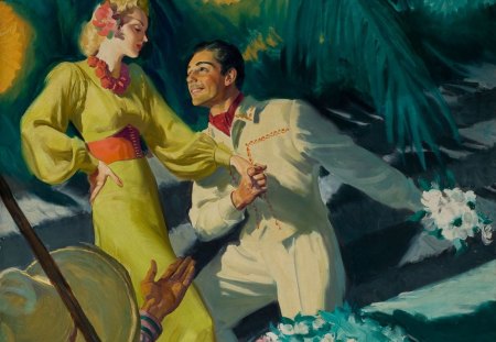 Lovers by Walter Martin Baumhofer - s, dress, man, mile, red, Walter Martin Baumhofer, art, girl, flower, bouquet, party, white, green, woman, painting, valentine, couple, day, lovers