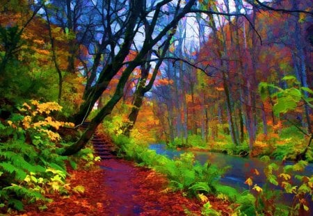 Autumn colors - pretty, trees, summer, beautiful, colors, forest, lovely, path, autumn, painting, nice, woods