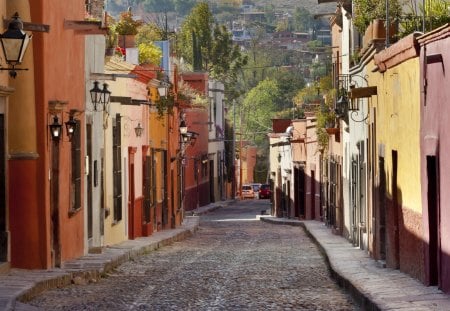 narrow street in mexico - narrow, street, town, mountains, stones