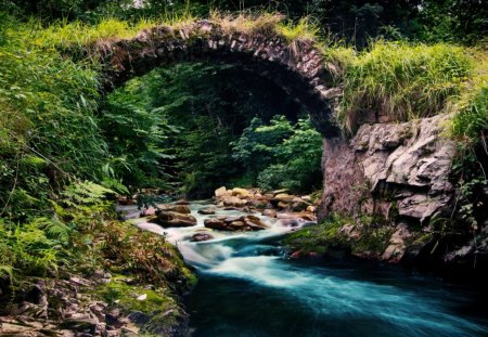 stone arch over mountain stream - stone, arch, stream, grass, rocks