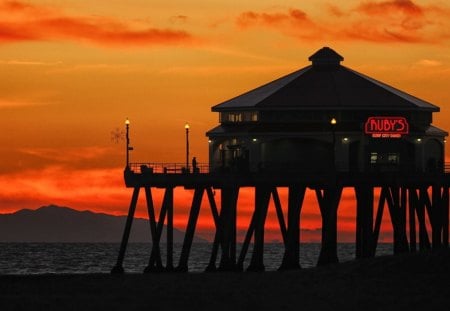 restaurant on a pier at sunset - beach, restaurant, pier, sunset, sea