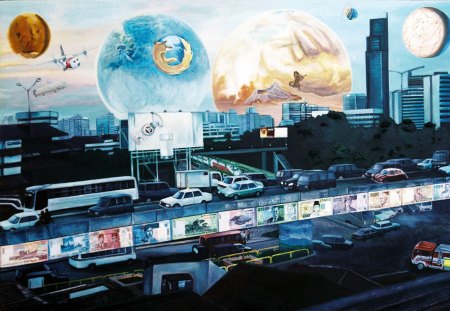 Fly over-metamorphosis economy. - paintings, people, realism painting, traditional paintings