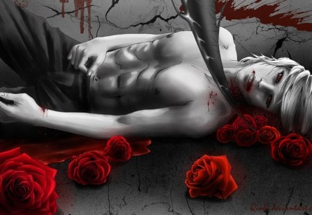 Love me, kill me - handsome, roses, hot, love me, blood, grey, man, red, kill me, anime, killed