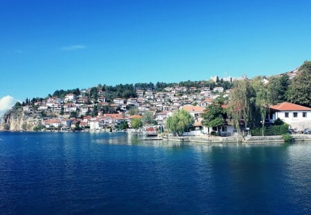 town and lake ohrid in macedonia - lake, trees, hills, town, fort