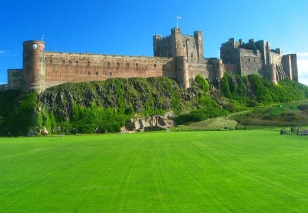 massive ancient castle - hill, grass, turrets, castle, wall