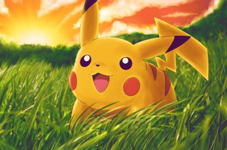 Joy of Nature - Yellow, Red, Sunset, Nature, Grass, Happy, Pikachu, Pokemon, Sun