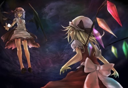 ~Sister Versus Sister~ - remilia scarlet, flying, touhou, flandre scarlet, anime, wings, sisters