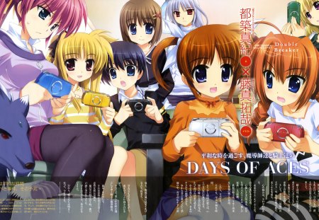 Game Time! - black, chrono harlaown, white, silver, nanoha takamachi, yellow, green, vita yagami, reinforce yagami, fate testarossa, signum yagami, shamal yagami, red, blue, psp, hayate yagami, mahou shoujo lyrical nanoha a s