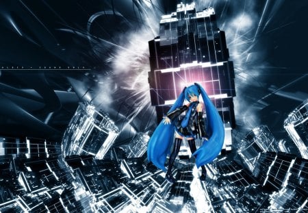 Sound City - hatsune miku, skyscraper, sky, music, black, tower, project diva, grey, clouds, vocaloid, blue, city, diva, sound