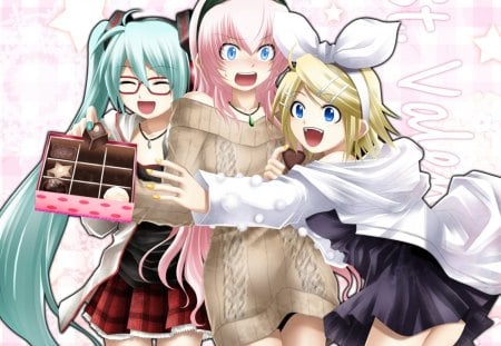 Happy St. Valentine! - hatsune miku, kagamine rin, vocaloid, megurine luka, valentines day, chocolate, happy st valentine, project diva