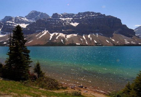 Lake in Canada - lake, sky, mountain, trees, day, daylight, water, summer, shore, nature, grass, land