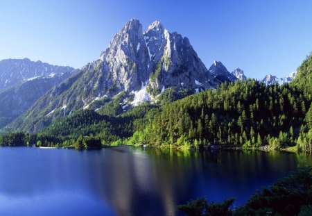 Mountain in Montana - sky, lake, mountain, water, nature, reflection, forest, snow, clouds, blue