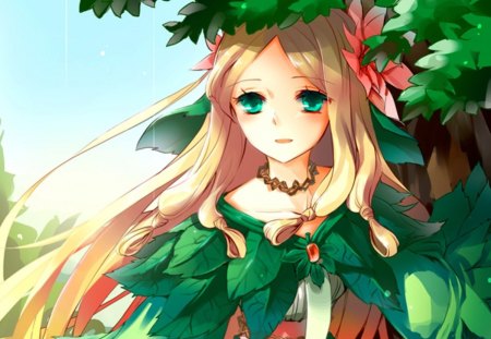 Anime - gown, anime, anime girl, female, hot, dress, girl, blonde, blonde hair, blond hair, green eyes, long hair, leaves, blond, cute, sexy