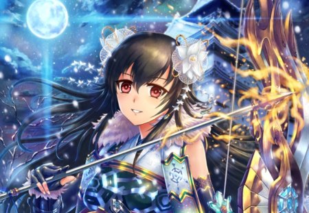 Full Moon - pretty, anime, female, scenery, scene, night, light, long hair, armor, view, weapon, nice, pagoda, sky, moon, anime girl, beautiful, hot, girl, scenic, beauty, brown hair, sweet, red eyes, glow, smile, cloud, cute, sexy