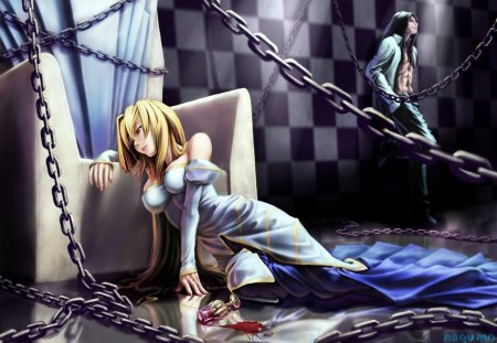 Arcrueid Brunestud & Michael Roa Valdamjong - chains, michael roa valdamjong, tsukihime, anime, long hair, vampire, arcrueid brunestud, archetype earth