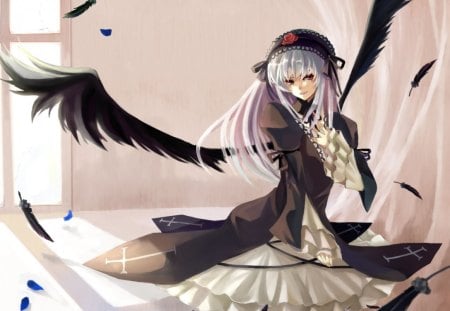 Suigintou - realistic, female, hot, wings, anime girl, black, white, window, feather, anime, cute, sexy, girl, long hair, rozen maiden, gown, cg, suigintou, 3d, wing, dress