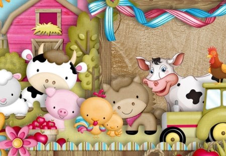 Fun Farm - chicken, harvest, whimsical, flowers, apples, sheep, barn, ribbon, farm, fence, cows, pigs, rooster, hay, cute, country, tractor