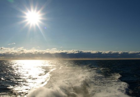 boat wake  on a clear summer day at sea - wake, horizon, clouds, sea, sun