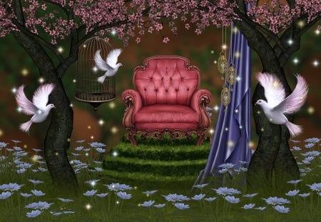 ✰Nymphs in the Forest✰ - pretty, hanging, birds, creative pre-made, splendor, fantasy arts, grass, cages, leaves, flowers, curtain, forests, splendid, nymphs, creations, lamps, woods, trees, beautiful, fantasy aficionados, colors, lovely, cool, fantasy, mixed media, velvet chair, animals