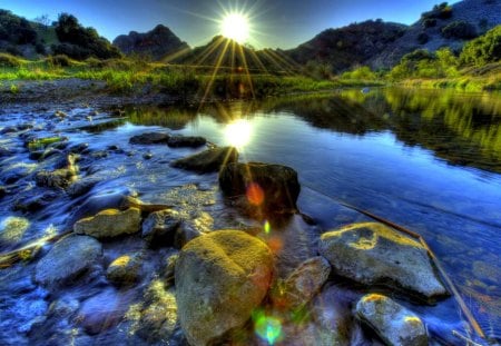 lovely river cascading over stones hdr - river, hdr, mountains, stones, sun