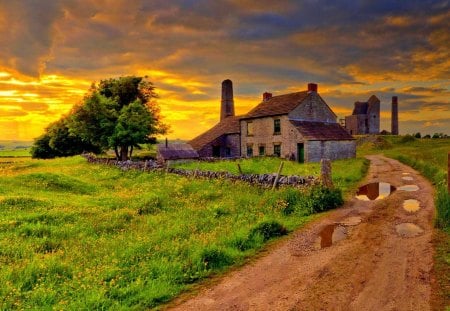 old farm after a storm hdr - farm, puddles, road, clouds, house, stone, hdr