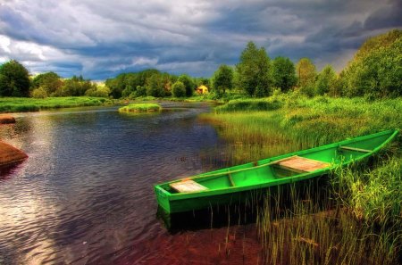 Little green boat - lake, boat, trees, cabin, green