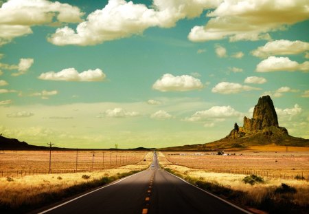 straight highway through the desert - clouds, highway, desert, straight, monuments