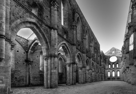 cathedral ruins - black and white, cathedral, stones, ruins