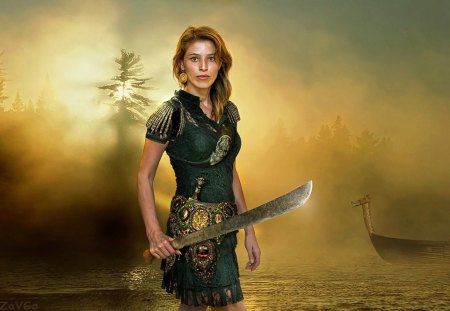 the viking - viking, girl, boat, mist