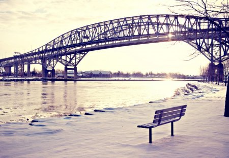 bench under bridge at winter - sun, winter, bench, bridge, waterfront